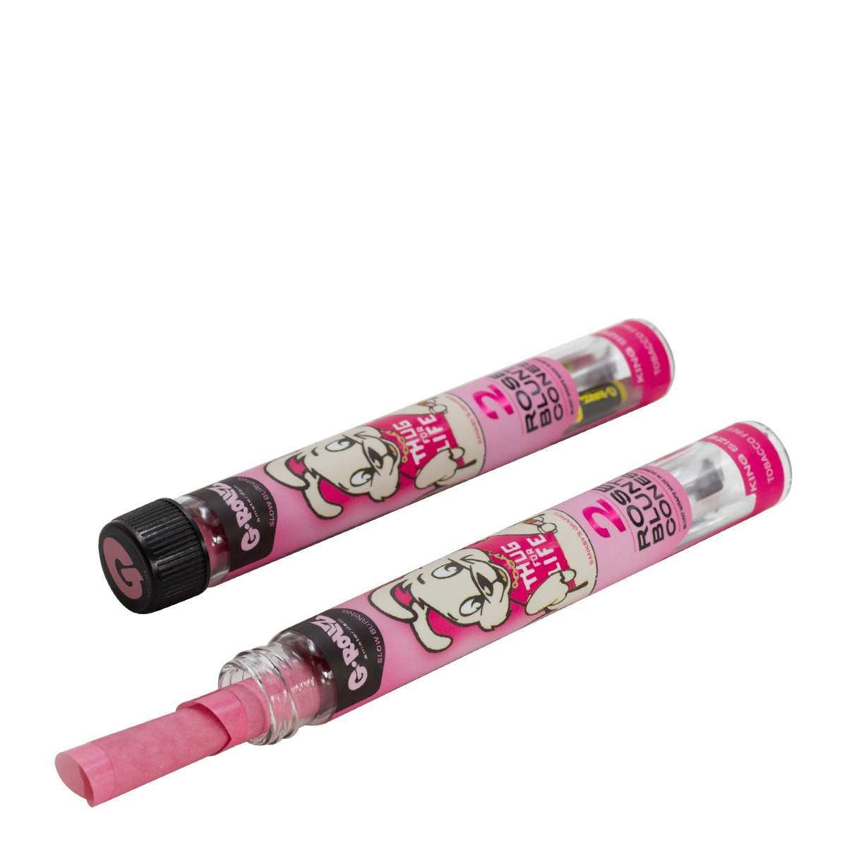 G-Rollz pink rose petal pre-rolled cones with Banksy graffiti design in glass tubes